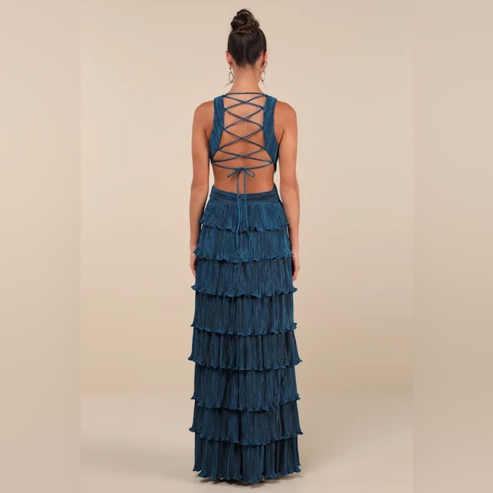 Beauty Icon Dark Teal Satin Pleated Tiered Lace-Up Maxi Dress - Picture 3 of 9